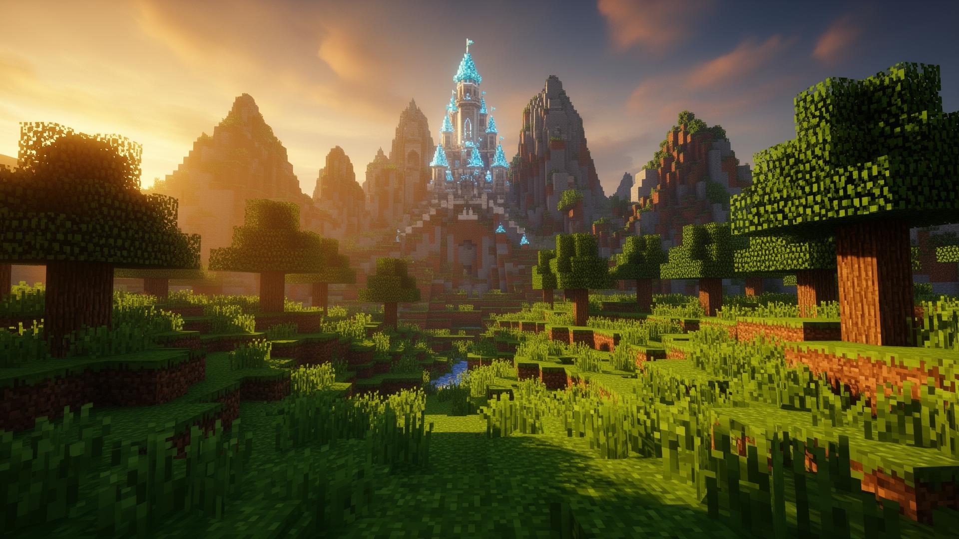 Minecraft landscape with diamond castle